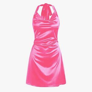 Women Halterneck Satin Mini Dress Sexy Cowl Neck Silky Party Cocktail Club Dress